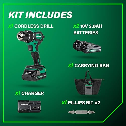 Miniatura 5 de Metabo HPT Kit de taladro inalámbrico sin escobillas multivoltios de 18 V, juego de taladro de alta potencia con bolsa, 2 baterías Metabo de iones
