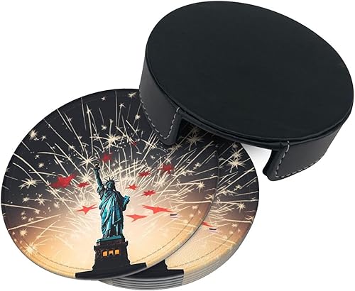 Miniatura 3 de Juego de 6 posavasos de estatua de la libertad y fuegos artificiales para mesa de café, posavasos de cuero absorbente para bebidas con soporte,
