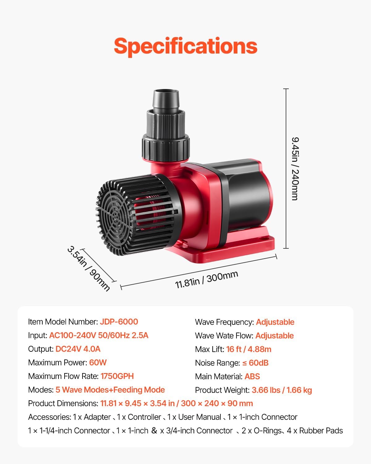 A VEVOR vízszivattyú méreteit és műszaki adatait bemutató ábra