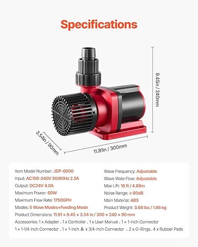Miniatura 7 de VEVOR Bomba de agua acuario de 24 V CC, 60 W, 1750 GPH Bomba de retorno con controlador, flujo ajustable, modo de alimentación, elevación máxima de