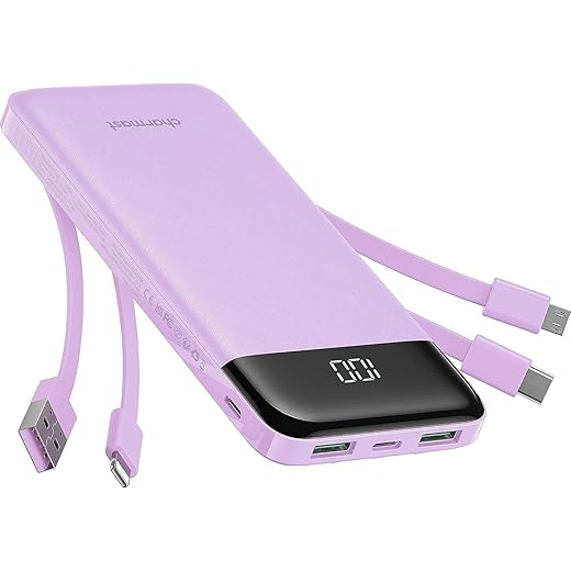 charmast Portable Charger with Built in Cables, Power Bank with Cords Wires, Slim 10000mAh Travel Battery Pack 6 Outputs 3 Inputs 6A Fast Charging for Samsung Google Pixel LG Moto iPhone iPad
