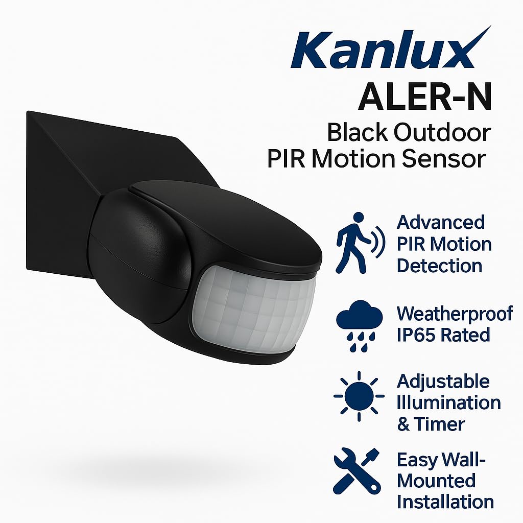 Kanlux ALER-N - Sensor de movimiento PIR negro para exteriores | IP65 impermeable | Montaje en pared | Rango de 12 m | Detector de movimiento para luces de seguridad | Sensor infrarrojo | Ahorro de