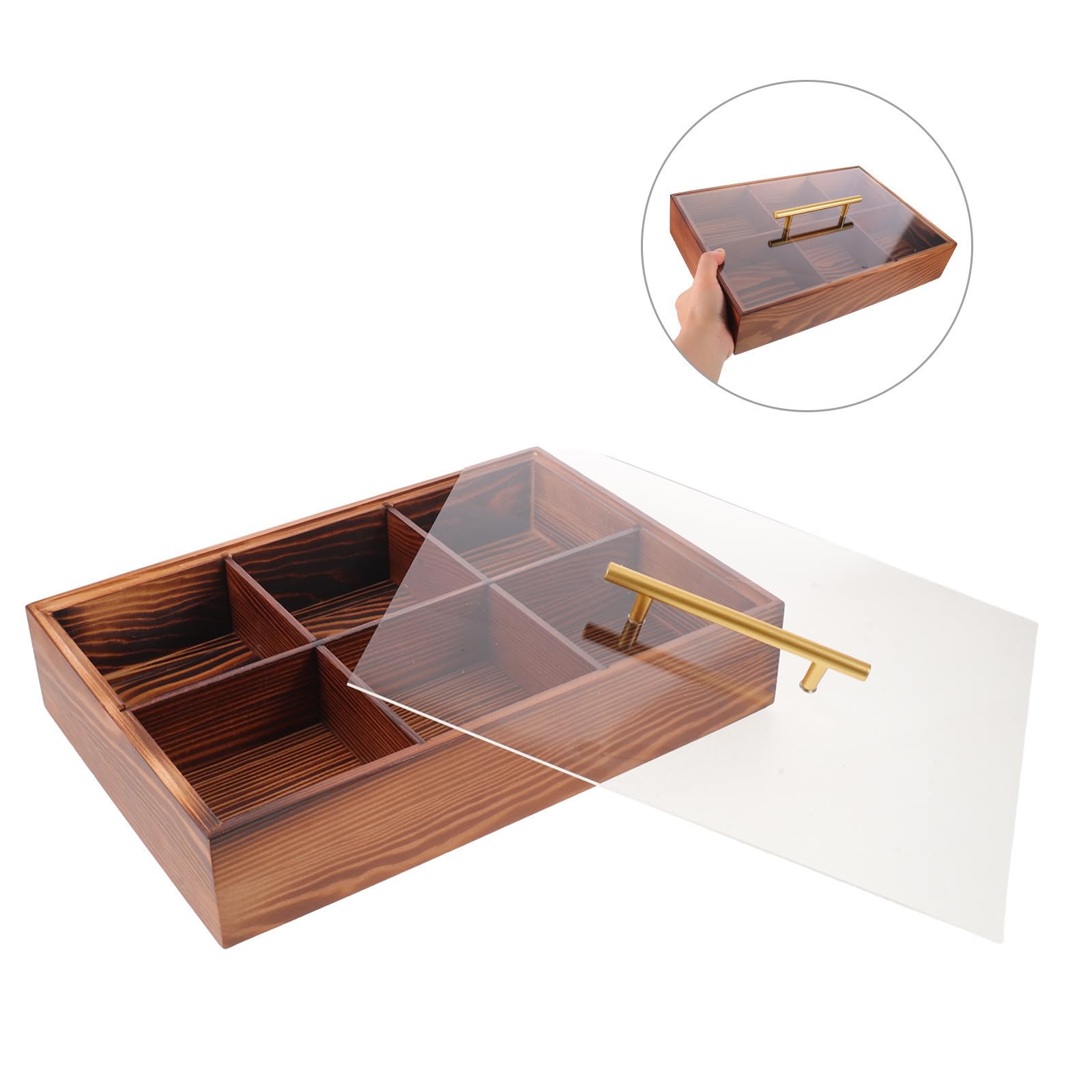 Plateau Compartimenté en Bois avec Couvercle, 6 Sections Marron | Acrylique Transparent, Service Polyvalent pour Restaurants et Événements Extérieurs, Rangement Snacks et Bonbons