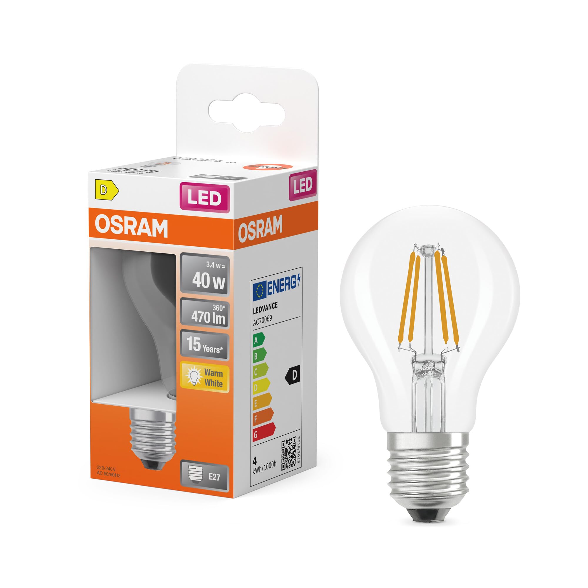 Osram LED-Lampe Star Kolbenform A40 Filament, 2700 K warmweiß, 3,4 W, E27, klar, 470 lm, 15.000h, für Decken- und Stehleuchten, Wohnraum
