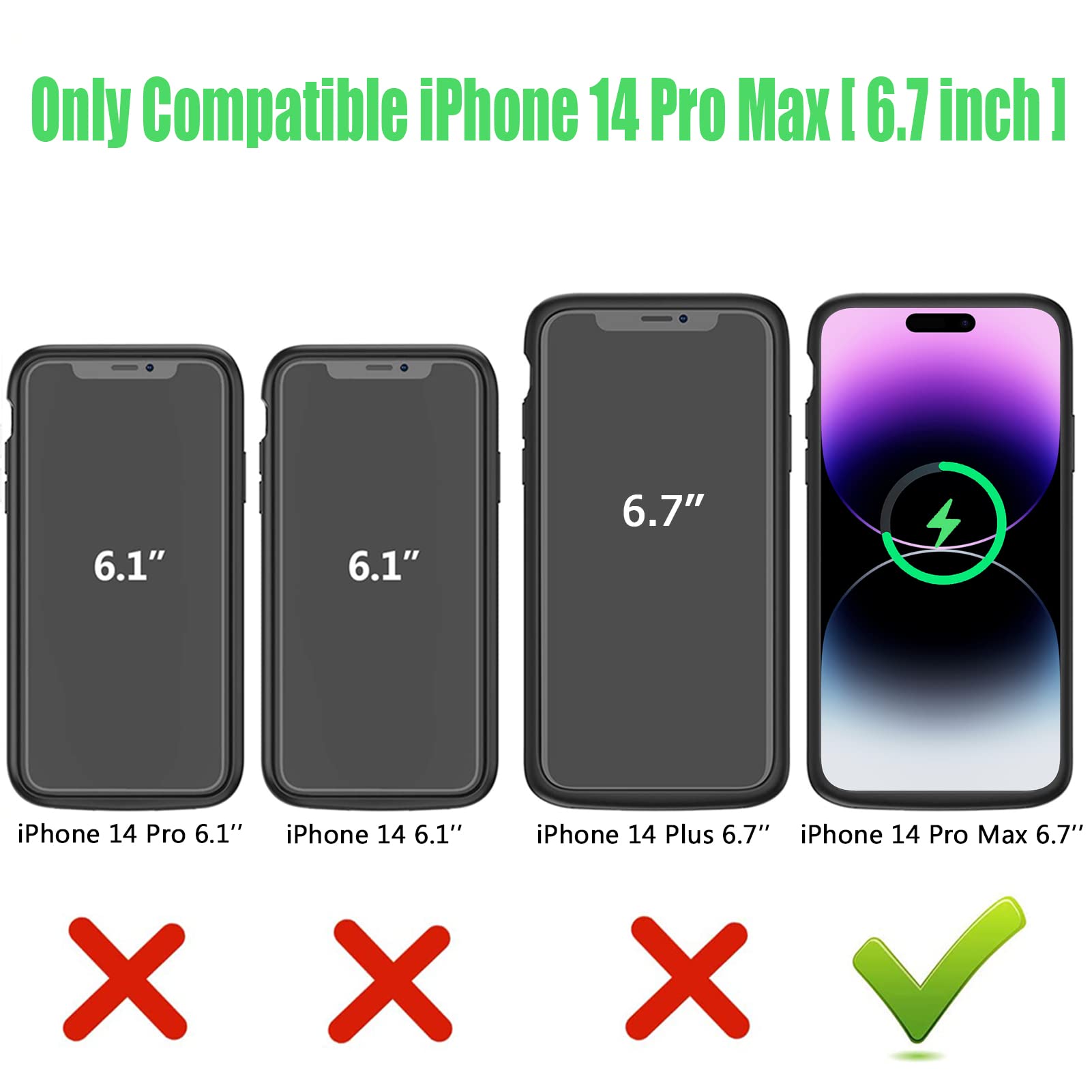 Wireless Charging Case for iPhone 14 Pro Max, 10800mAh High Capacity Portable Rechargeable Battery Case Qi Wireless Charging with iPhone 14 Pro Max (6.7 inch) Extended Battery Charger Case (Black)