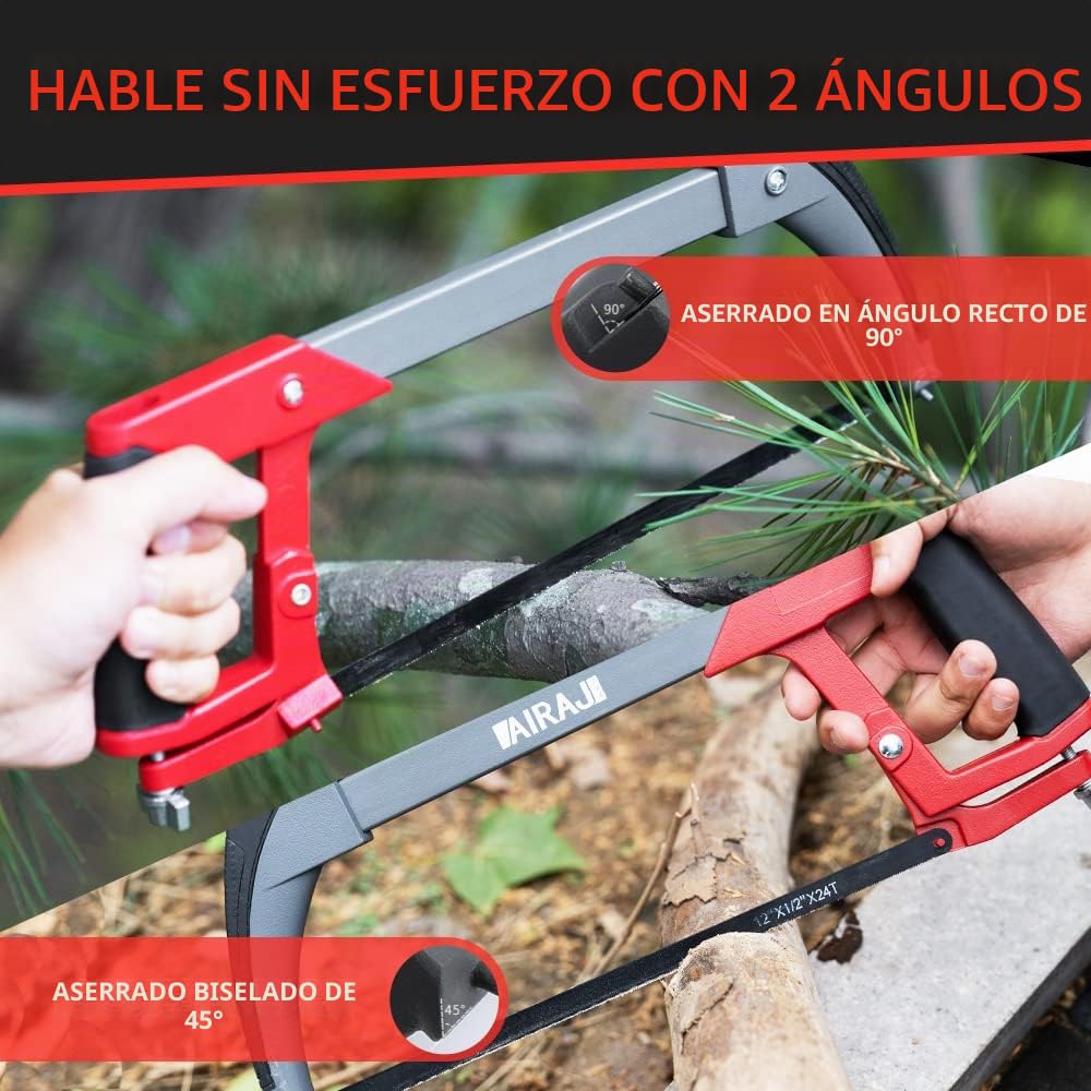 AIRAJ 300mm Sierra para Metales multiusos,Ajusta la Tensión,Con 10 hojas de sierra de acero,Sierras de Dos Ángulos de Corte (45 ° / 90 °),Sierras de mango para carpintería-sierra fina