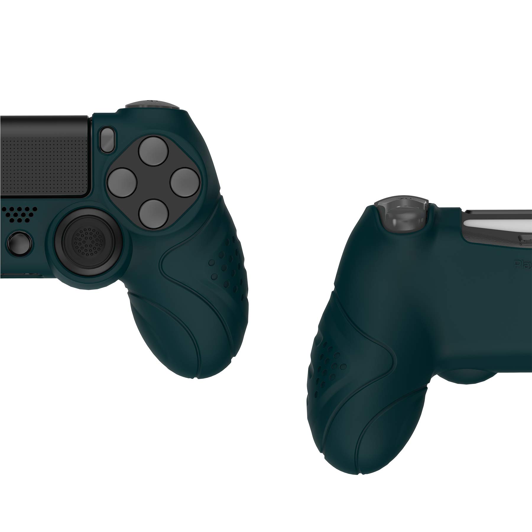 PlayVital Funda de Silicona para ps4/Slim/Pro Mando - Carcasa Protectora Suave y Antideslizante, Carcasa con 2 Tapas de Joystick, Diseño Ergonómico - Edición Guardian (Oscuro Verde)