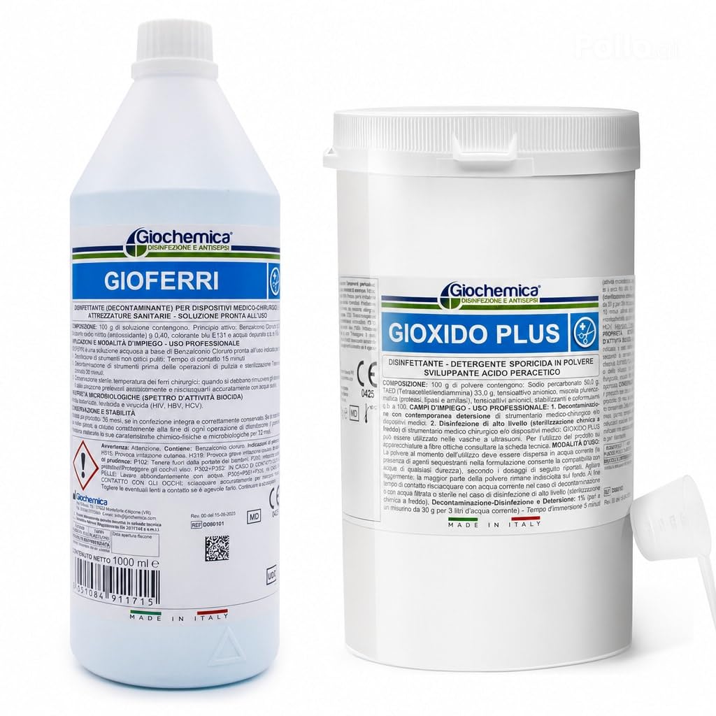 Sterilizzante a freddo in polvere Acido peracetico 1 kg GIOXIDO PLUS + Disinfettante decontaminante a base di Benzalconio cloruro 1000 ml GIOFERRI - Ideali per Ferri e strumenti