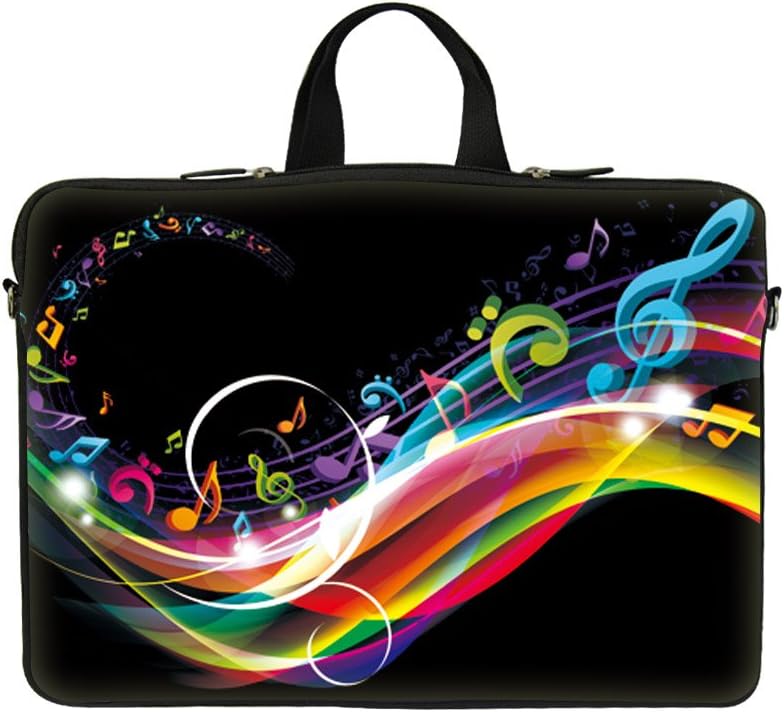 Neoprene Laptop Carrying Case Sleeve Bag w. Hidden Handle & Eyelet (D-Ring) for 17 17.3 Inch Notebook - Rainbow Music Note Design