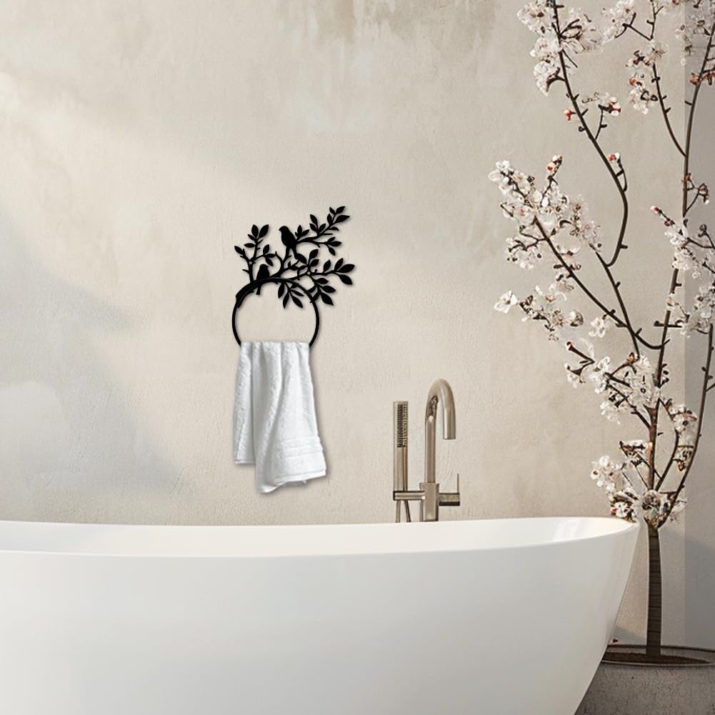 MAYJOYDIY Anneau Porte Serviettes en Métal avec Branches et Oiseaux pour Mur Plantes Feuillues Porte Serviettes Noir Fixation Murale pour Cuisine Salle de Bain Buanderie Décoration Cadeaux