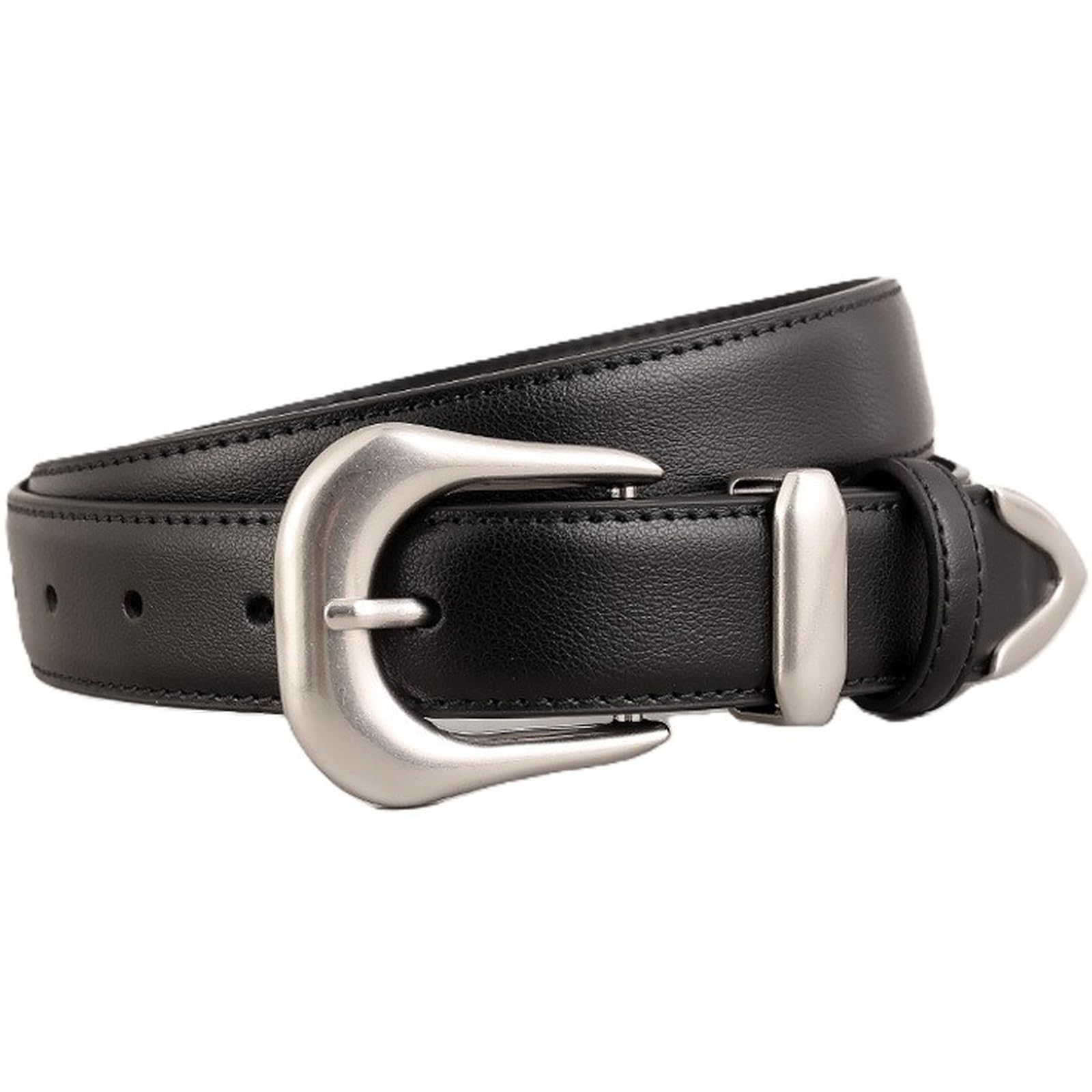 Agutalithic Women's Black Stitching Leather Belt, 1-1/8" Wide Vintage Distressed Look Strap With Heavy Duty Bright Silver Prong Buckle(100Cm/39, )