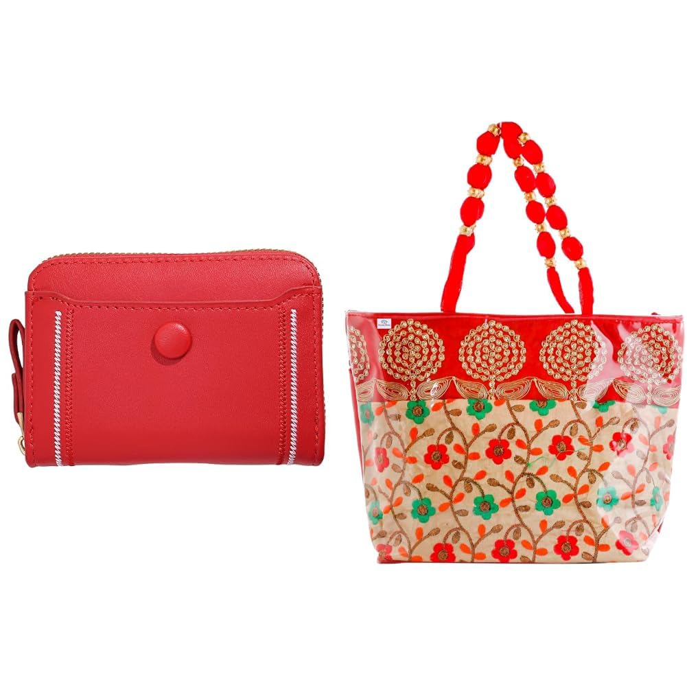 PU Embroidered Thread Work Credit Card Case Holder Purse, Coin Pocket Wallet for Women | + Laminated Embroidery Hand Bag, Tote Bag, Purse for All Occasion for Women & Girls (Red)-image-36