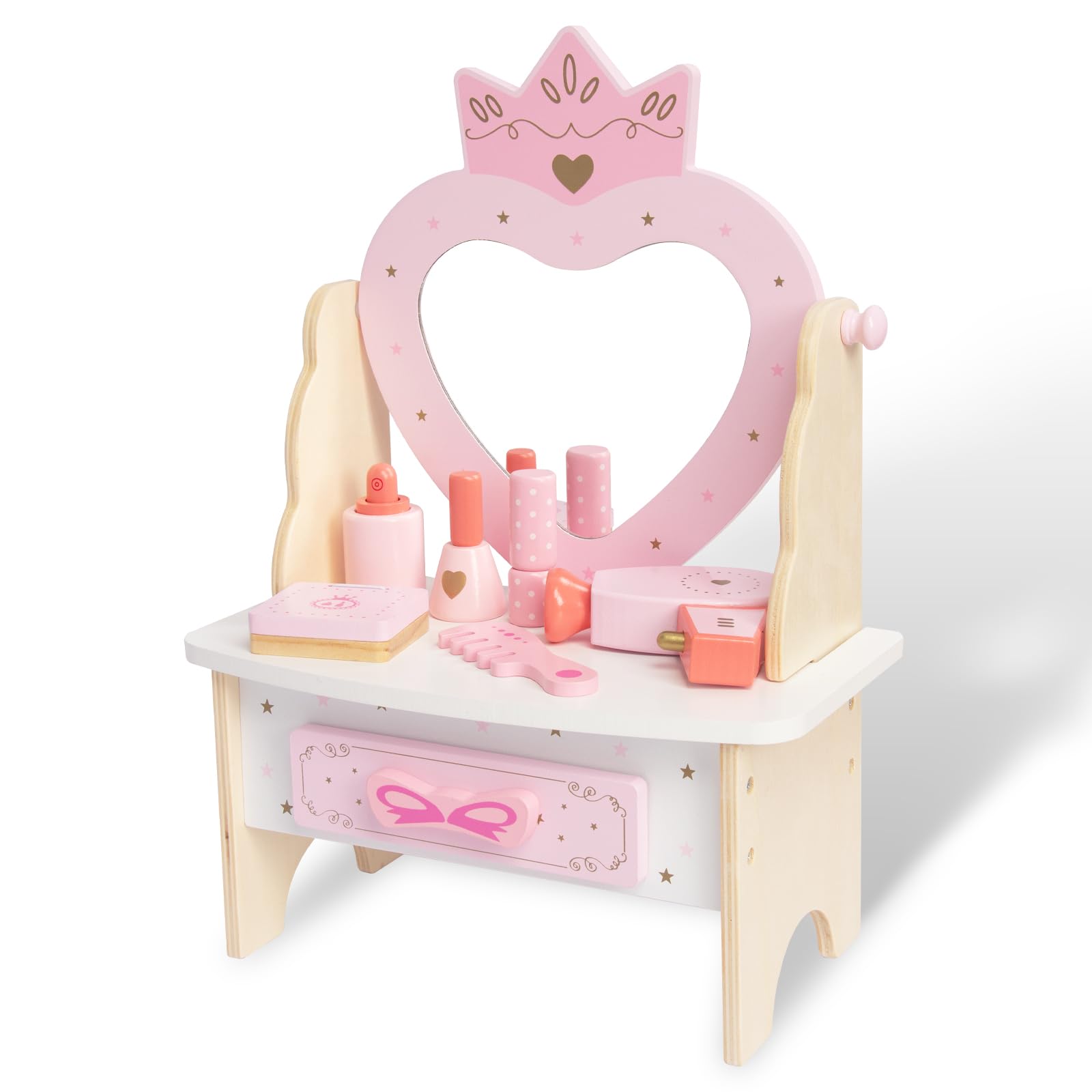 Wooden Vanity Set for Kids, Pretend Play Toddler Makeup Vanity Table Toys with 360° Rotatable Mirror, Beauty Salon Set Includes Makeup Accessories, Little Girls Gift Age 3+ (Pink)