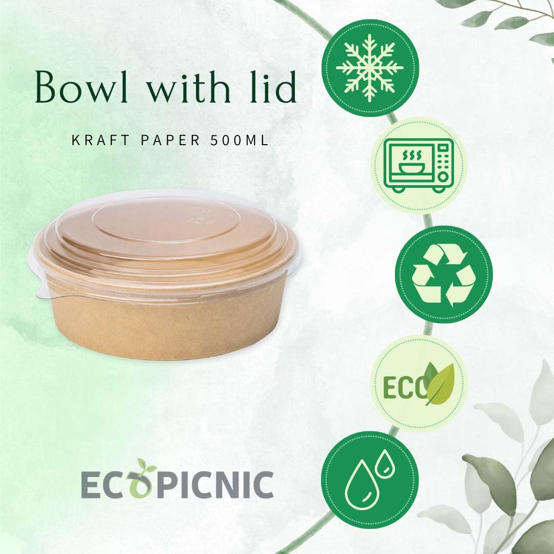 Ensaladeras Redondas de Papel Kraft con Tapa PET 50 unidades 500 ml | Cuencos desechables de cartón kraft con tapa, ideales para ensaladas, sopas, aperitivos y alimentos para llevar