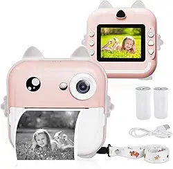 Câmera Digital Infantil Portátil 20MP, Tela de 2 Polegadas, 200 dpi, Resolução 1080P, Impressão Instantânea, Conexão com Celular, com Papel de Impressão (CAM-12607-rosa)
