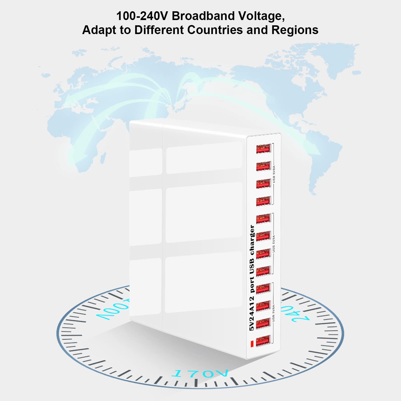 12-Port-USB-Ladestation, intelligente Shunt-LED-Anzeigeleuchte, automatische Erkennung, USB-Lade-Hub, Ladestation für mehrere Geräte, 100 bis 240 V
