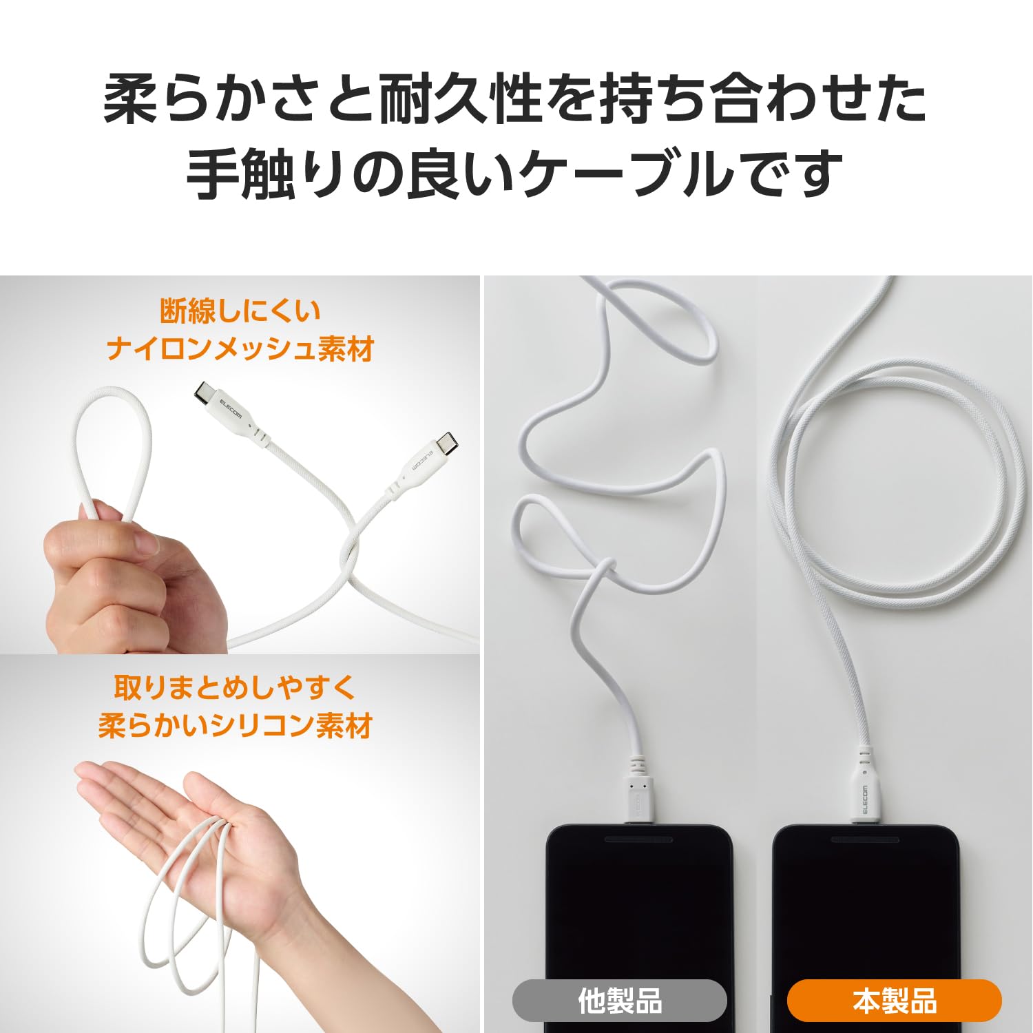 Elecom MPA-CCSSM10WH USB Type-C & Type C Cable, 3.3 ft (1 m), PD Compatible, 60 W, Disconnect Resistant, Silicone, White