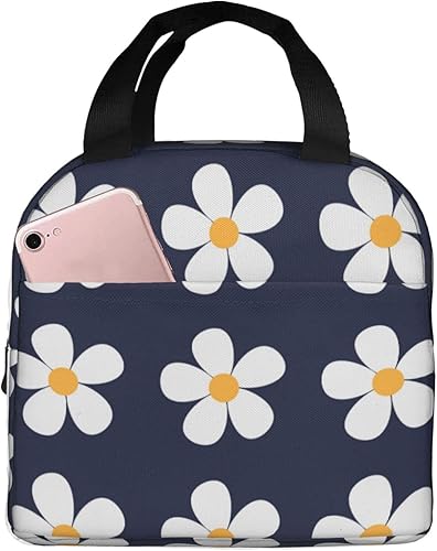 weecool Bolsa de almuerzo Flwoer de margaritas azul marino para mujeres y hombres, reutilizable, con aislamiento de margaritas, con bolsillo frontal