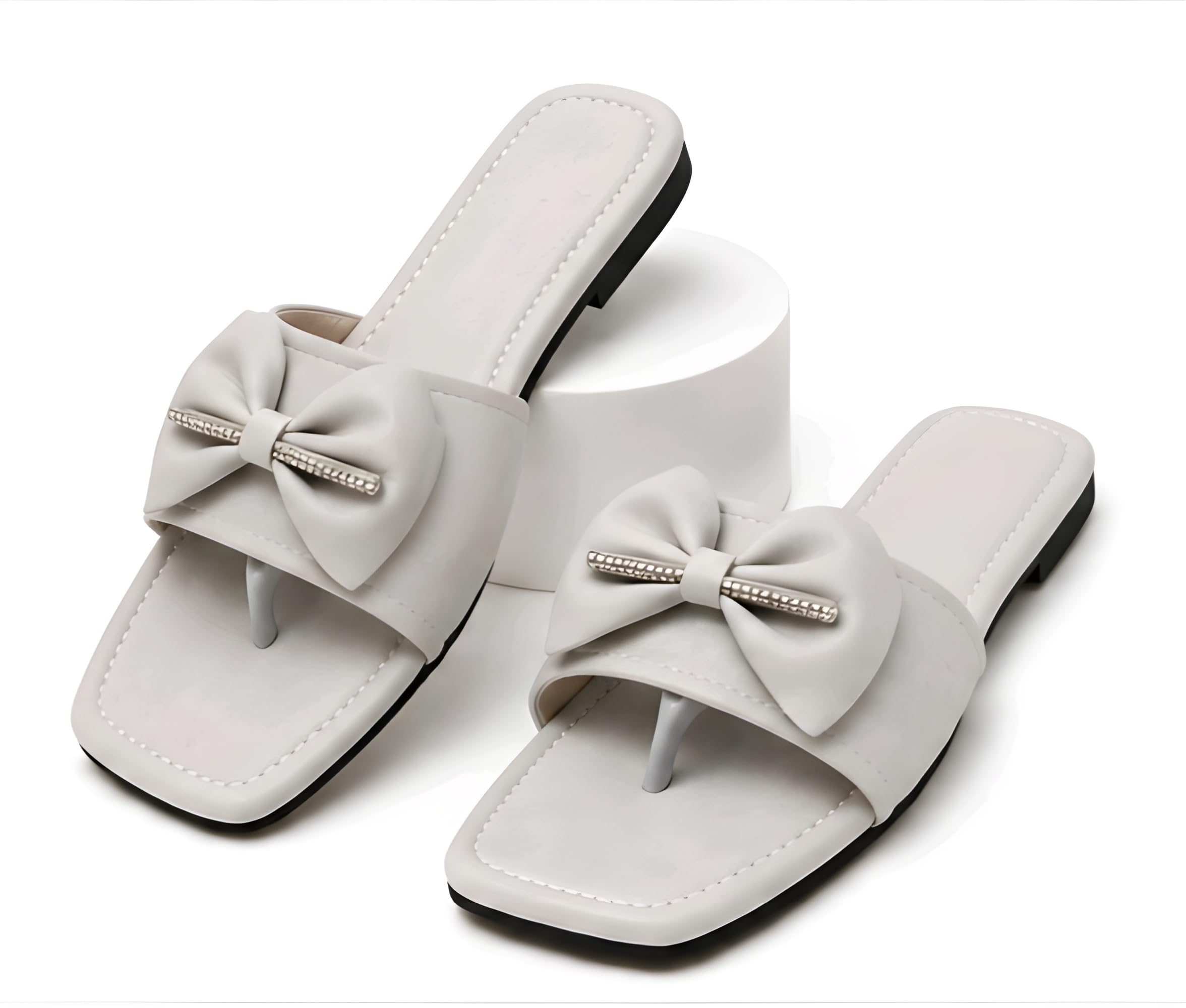 Boneyfit Women Stylish Bow Toe Ring Flats Slippers for Women & Girls | Square Toe Slip-On Fashion Sandals | Soft Cushioned Daily Wear Flats-image-32