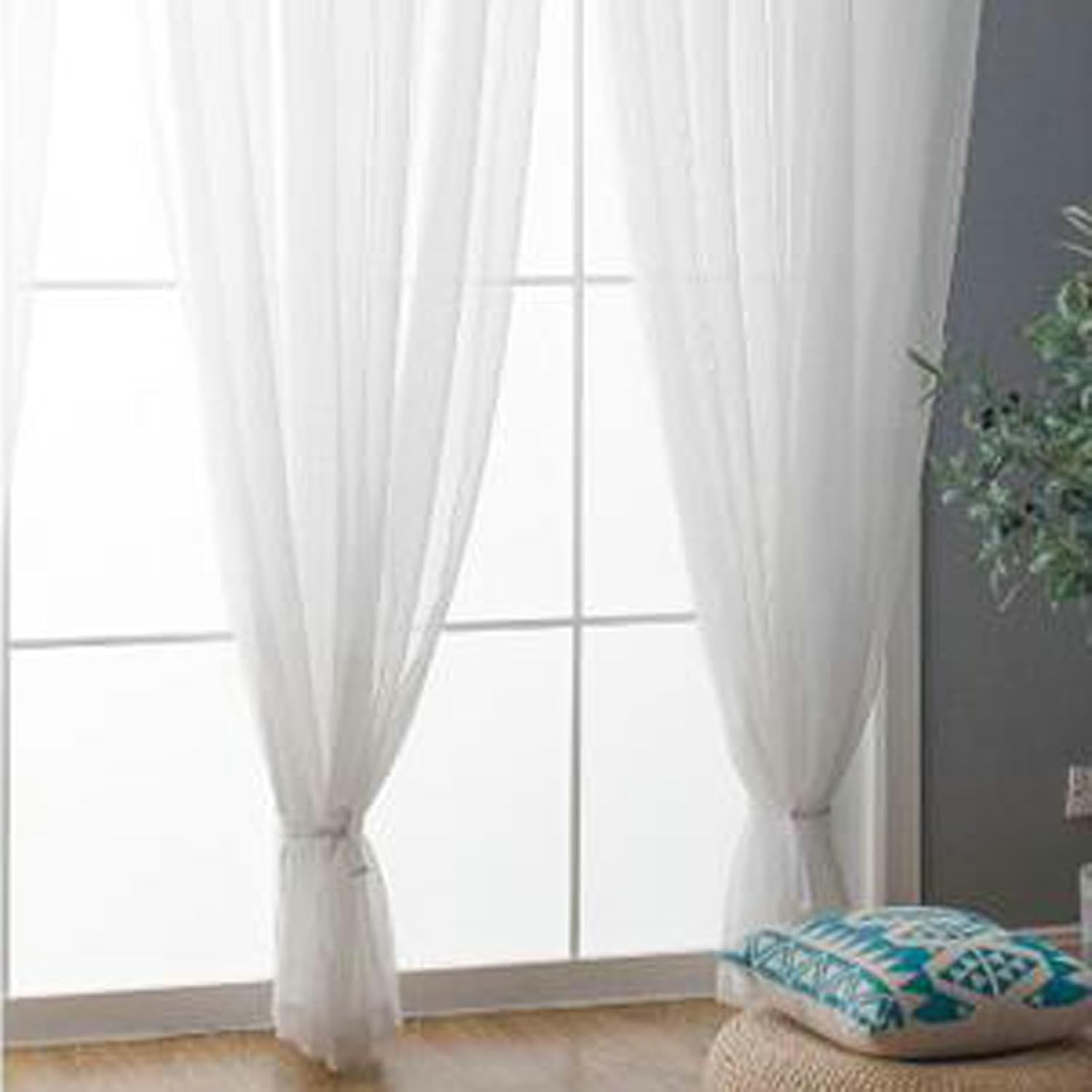 Daesar Semi Transparent Curtains for Bedroom 2 Panels Set, Polyester Rod Pocket Tulle Curtains 52" W x 84" H Drapes Solid Color White Voile Curtains for Living Room