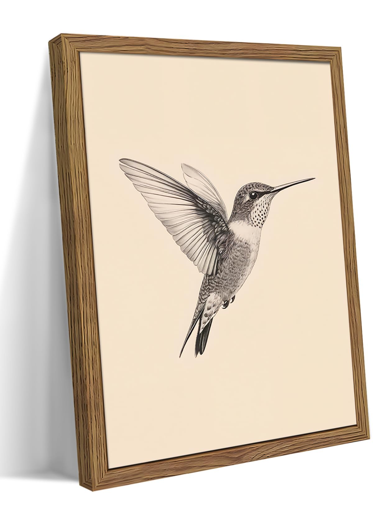 Vintage Framed Wall Art, Birds Canvas Prints, Hummingbird Sketch Painting Picture, Neutral Farmhouse Artwork Wall Decor for Living Room Bedroom – Dark Wooden Frame 40x60 cm