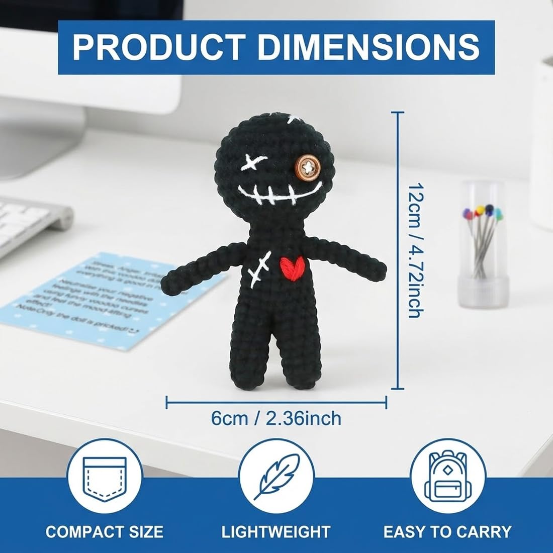 1 Unidad Muñeca Vudú Positiva, con 10 Agujas, Divertido Regalo Antiestrés, Muñeca Negra Tejida con Alfileres, Muñeco Vudú Decoración de Halloween para Adultos, Amigos, Compañeros (12 cm)