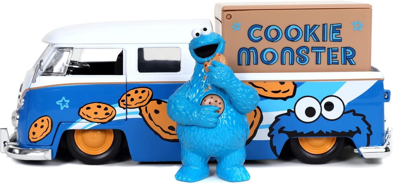 Jada Toys Sesame Street Cookie Monster & 1962 Volkswagen Bus 1:24 Die - Cast Vehicle with Figure (31751)