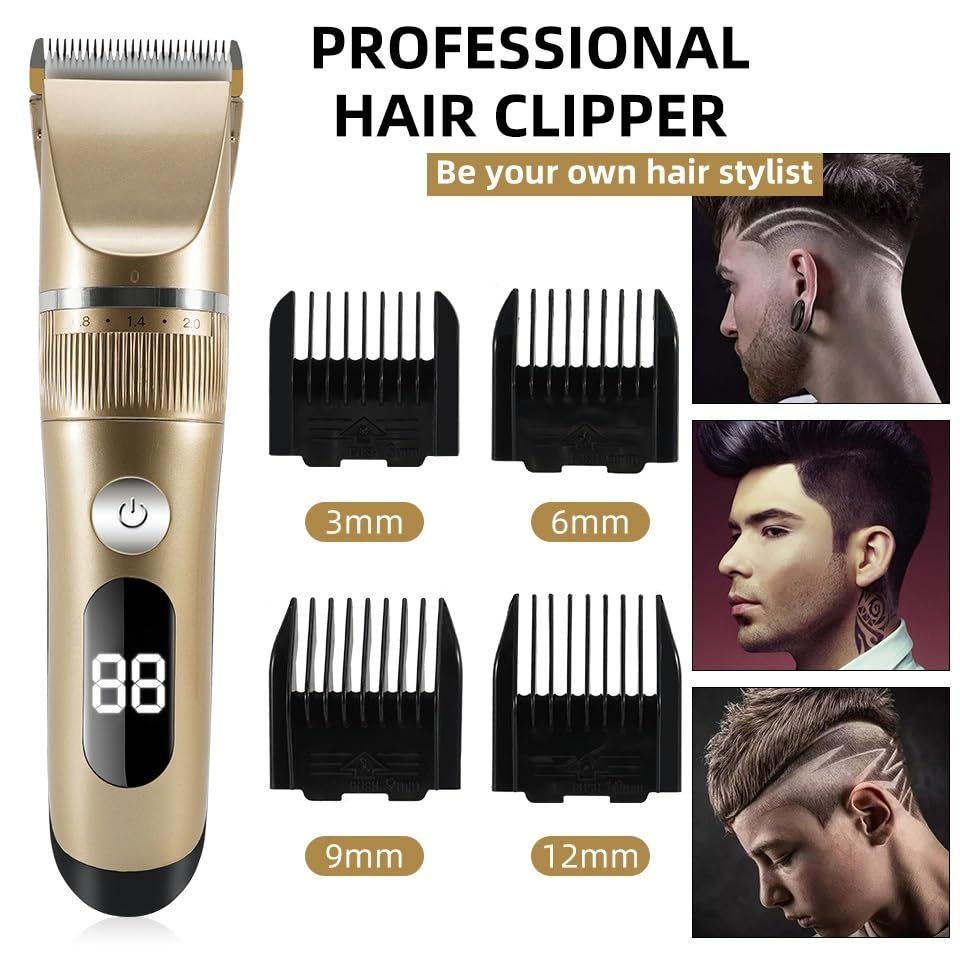 cortapelo, Recortador De Barba Profesional for Hombres, Cortapelos Digitales LED Velocidad Ajustable(Gold)