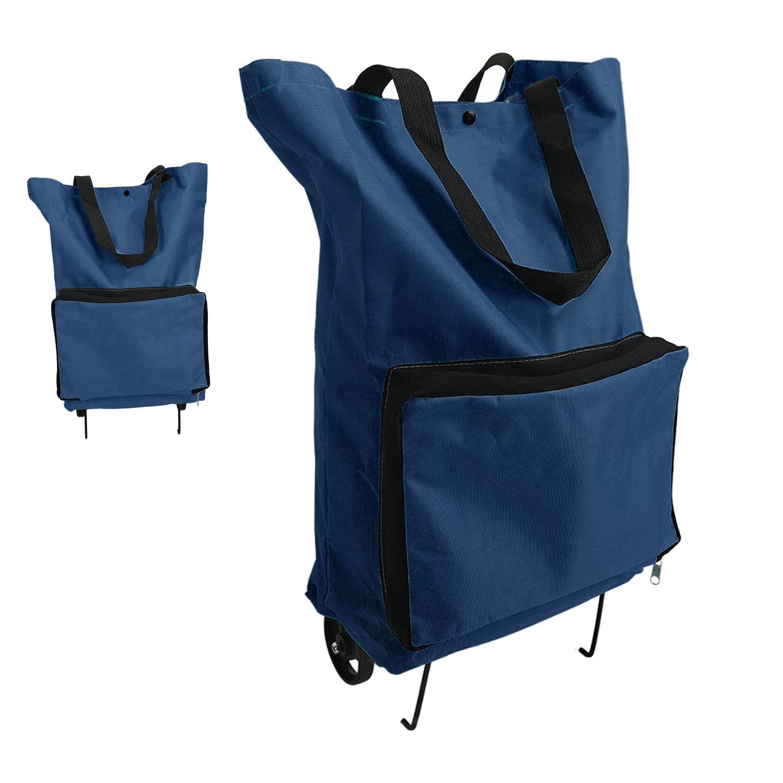 Collapsible Bags Folding Shopping Bag with Wheels Foldable Shopping Cart Reusable Shopping Bags Grocery Bags Shopping Bag on Wheels (Dark Blue)