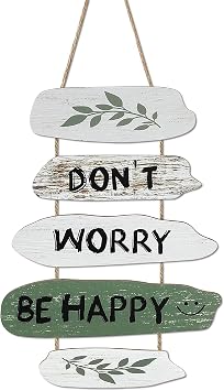 Dazzlewall 5pcs Dont Worry Green Hanging Signs, Be Happy Green Leaves Inspirational Wooden Office Wall Decor Positive Motivational Wall Signs for Bathroom Bedroom, 9.8x5.5 in