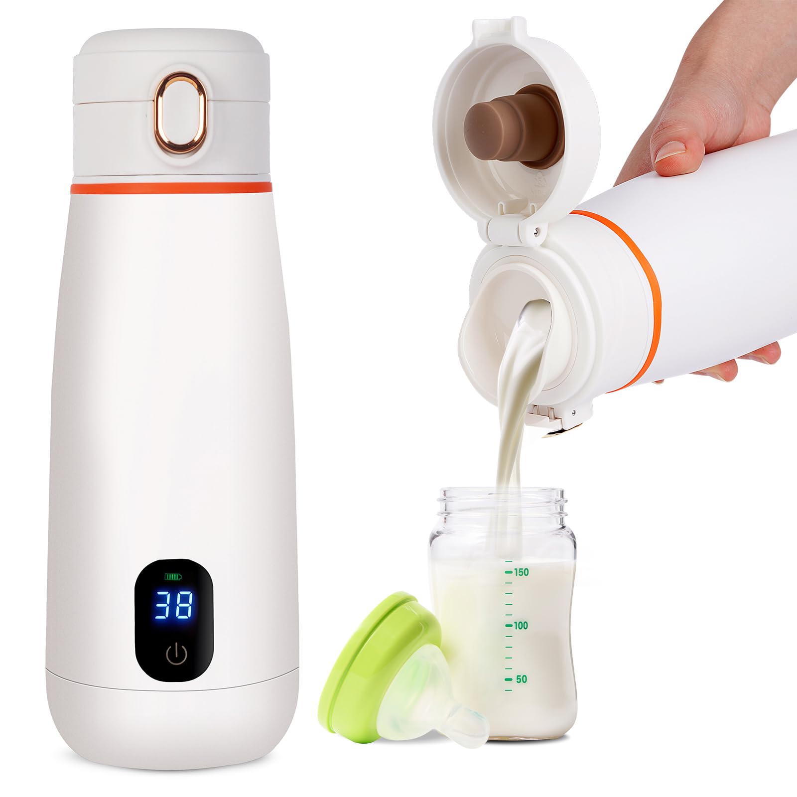 Chauffe Biberon Portable/Voiture/Voyage, 350ml, Universel, Sans Fil, Température Précise,Autonomie 24h, Rechargeable USB, Lait Maternel, Lait Tempérture Réglable 37°C a 55°C