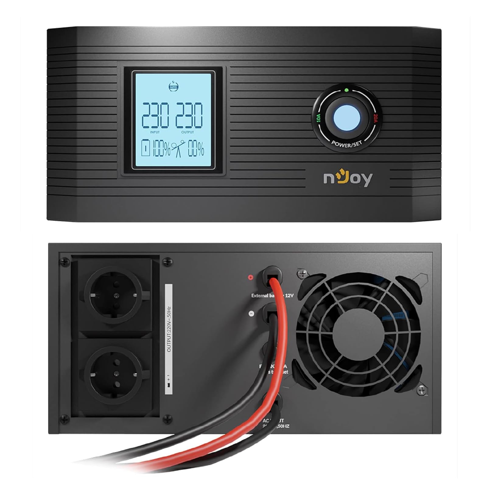 NJOY Aira 1200 Gruppo di Continuità 1200VA 1000W | Onda Sinusoidale Pura | Line Interactive AVR | Display LCD | 2 Uscite Schuko | Batteria Esterna non Inclusa | UPS Stufa a Pellet Caldaia Termocamino
