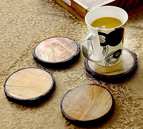 Image of Handmade Large Natural Mango Tree Wooden Bark Coasters with Hemp Tie - 3.5 inch, Brown - Set of 4