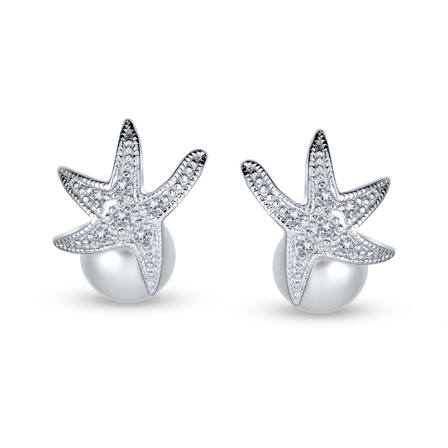 Sposa Nautico CZ Per Matrimonio In Spiaggia, Set Di Gioielli Con Perle Bianche Simulate Da 8MM, Collana A Forma Di Stella Marina Con Pendente E Orecchini A Perno In Argento Sterling .925 Per Donne