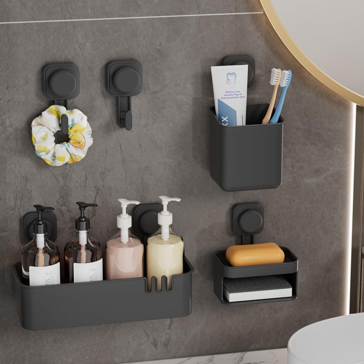 Bathroom Storage Organizer Set Grey Plastic Wall Mount Shower Caddy with Suction Cups 5-Piece Set with Shelf Soap