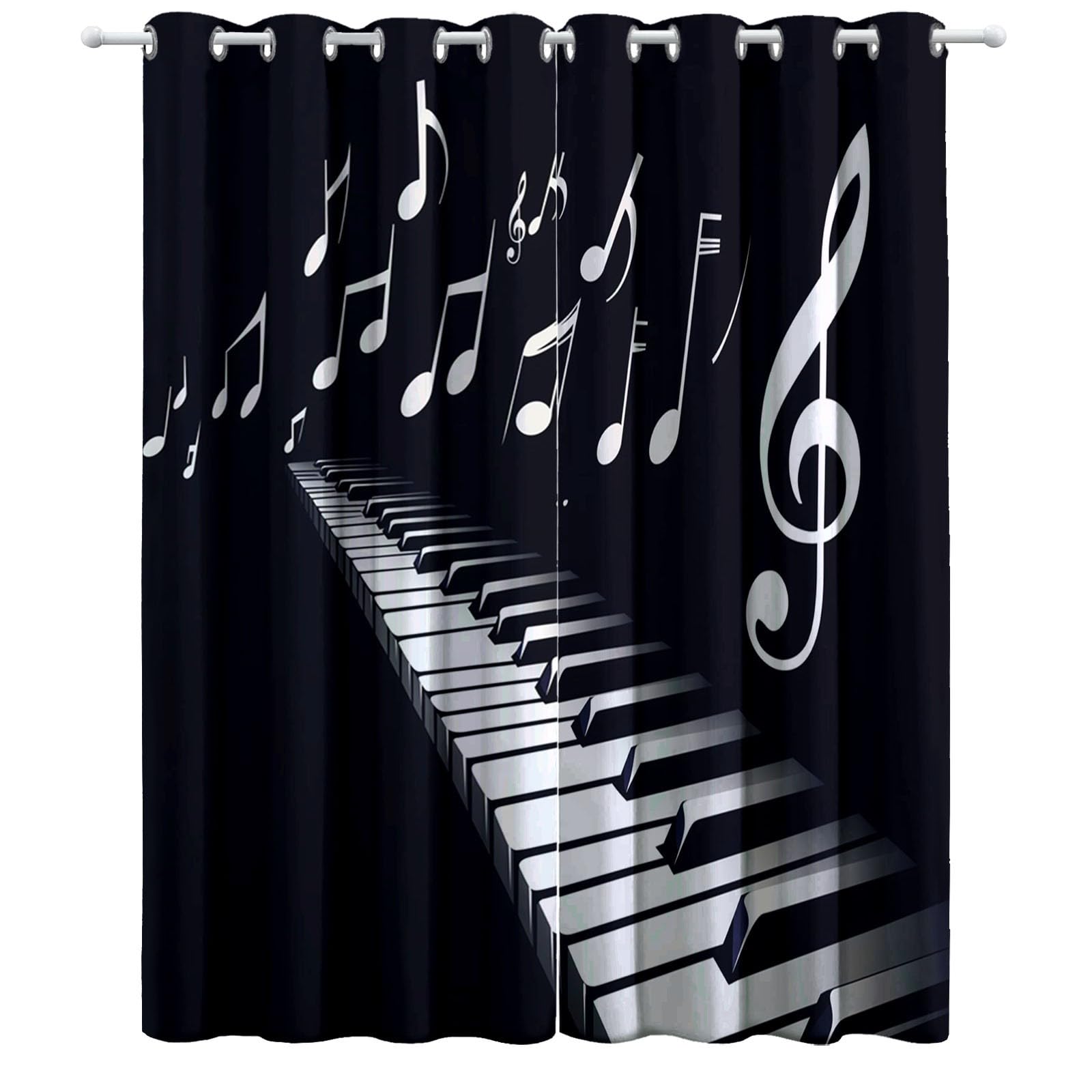 Thème Musical Piano Notes De Musique Rideau Occultant Thermique 117 x 229 cm Lot de 2, Fenetre Rideaux Salon Intérieur Maison Occultant Isolant Thermique Anti Froid, Noir