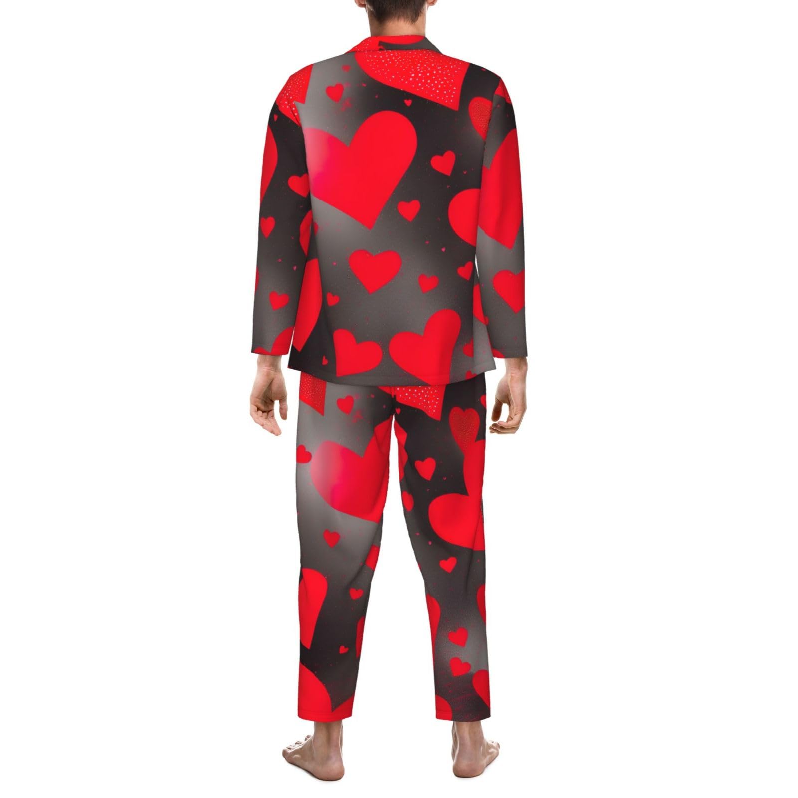 Herren-Pyjama-Set mit roten Herzen, Feuerwerk-Druck, langärmelig, zweiteilig, Hauskleidung, bequeme Nachtwäsche