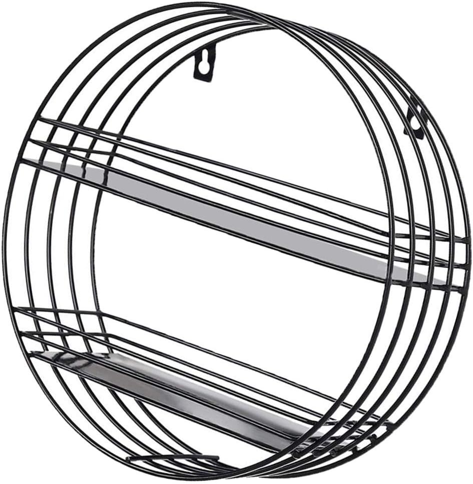 Round Metal Wire Floating Shelf Decorative Wall Hanging Shelf for Living Room, Bedroom, Office (Black,30cm 2 Tier)