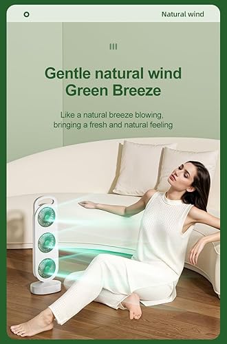 Miniatura 2 de Ventilador de torre portátil con 3 turbinas, modo brisa natural, alimentado por USB, blanco y verde