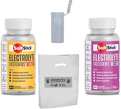 SENSORY4U Set de regalo Grab & Go  SaltStick FASTCHEWS Variety 2 Pack  60 botellas de mango tropical y bayas mixtas con tubo Race Ready