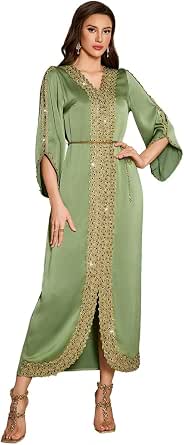 Hand-Beaded Abaya Dress for Women with Belted Kaftan Maxi V-Neck Evening Gown