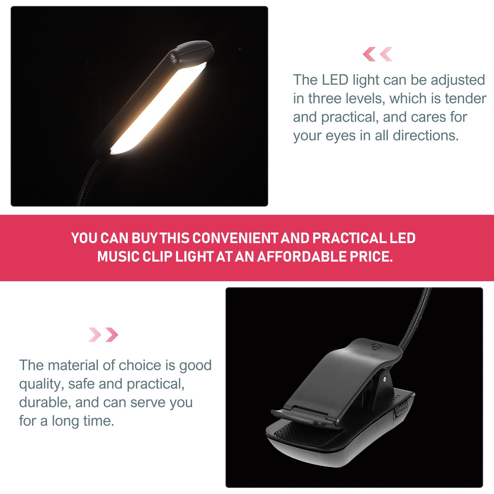 Luxshiny Lampe de Lecture LED Rechargeable à Clip Flexible Noire, Lot de 2 Pièces, Lumière Réglable pour Pupitre de Piano et Éclairage de Lecture à Domicile, pour Étude et Musique