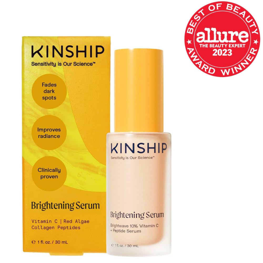 Kinship Brightwave - Suero con 10% de vitamina C + péptidos, desvanece las manchas oscuras, reduce las líneas finas y los frizes, cara brillante, rellena y lisa, colágeno vegano, cuidado de la piel