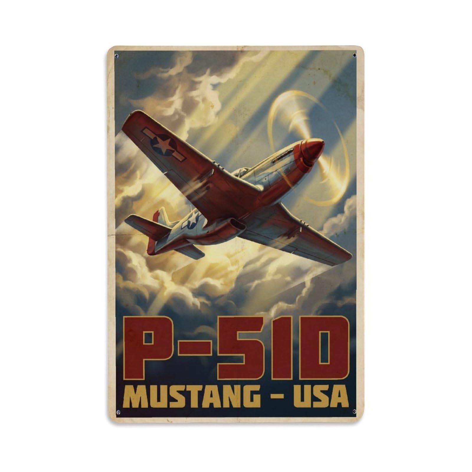 P-51D Mustang Retro Propaganda Military Aviation Metal Tin Sign Plaque Wall Decor for Cafe, Man Cave, Club Bar, Office, Home Garden Round Metal Poster 8x12Inch