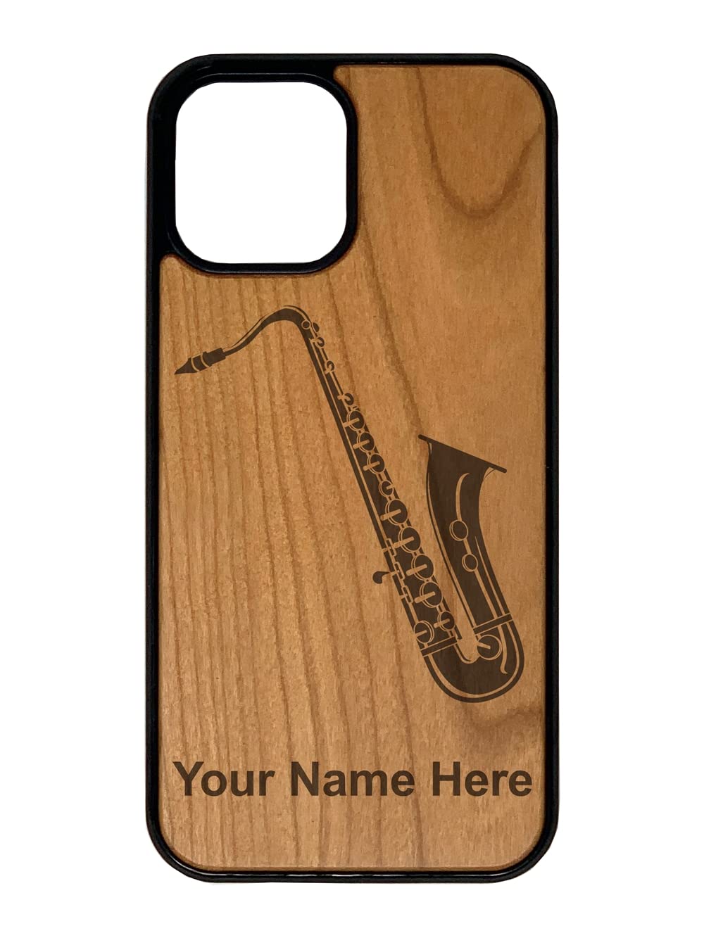 Natural Wood Case Compatible with iPhone, Saxophone, Personalized Engraving Included (Cherry Wood)