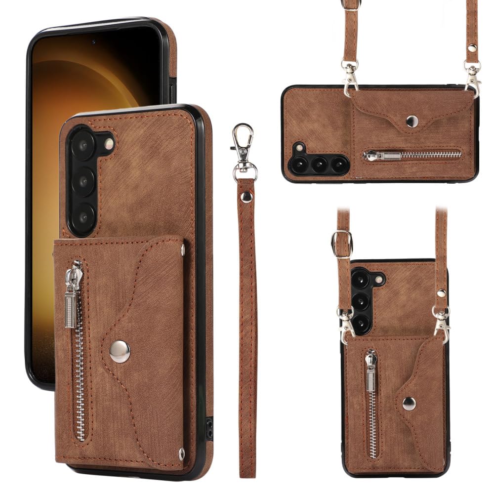 Cartera de Cuero con Cremallera y Cordón Largo Tarjetas Solt Funda para Samsung Galaxy A14 A54 A24 A34 A53 A52 S23 S22 S21 FE S20 Funda Cruzada, marrón, para Samsung S22