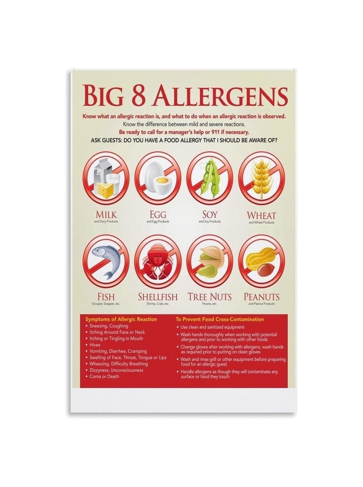 XGINERFEX Food Allergens Reference Chart Poster Major Food Allergy Educational Restaurant Kitchen Cafe Staff Training Decor Canvas Wall-Art