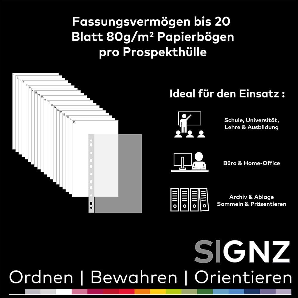 SIGNZ Koszulki na dokumenty (DIN A4, mocne 80 my), 100 sztuk, przezroczyste, neutralne pod względem emisji CO2, wyprodukowane w Niemczech