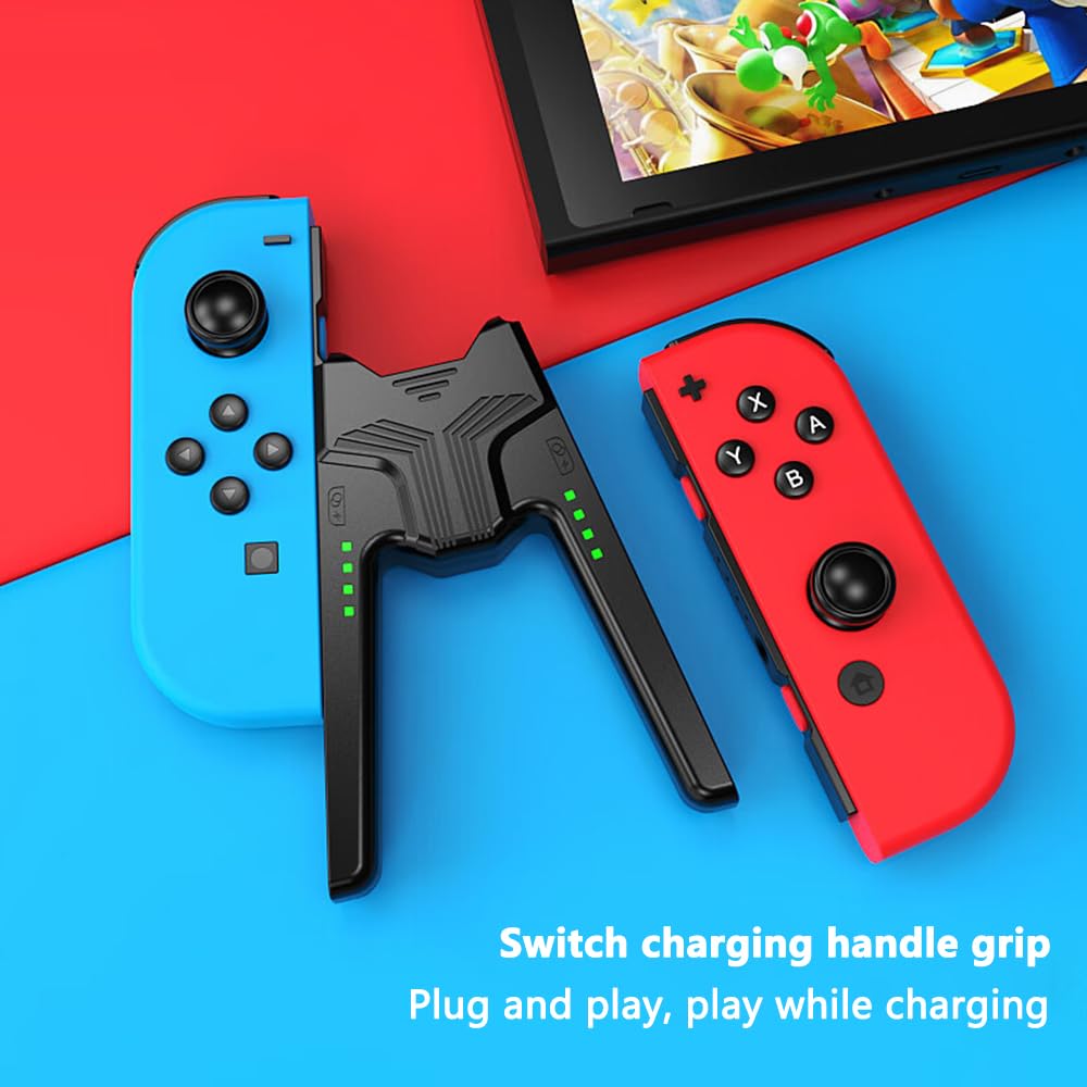 RREAKA Charging Grip Handle for Nintendo Switch/OLED for Joy Con, Joystick Charging Comfort V-Shaped Game for joycon Grip Controller with Battery Indicators, for Joy-Con Charger Grip USB C Cable