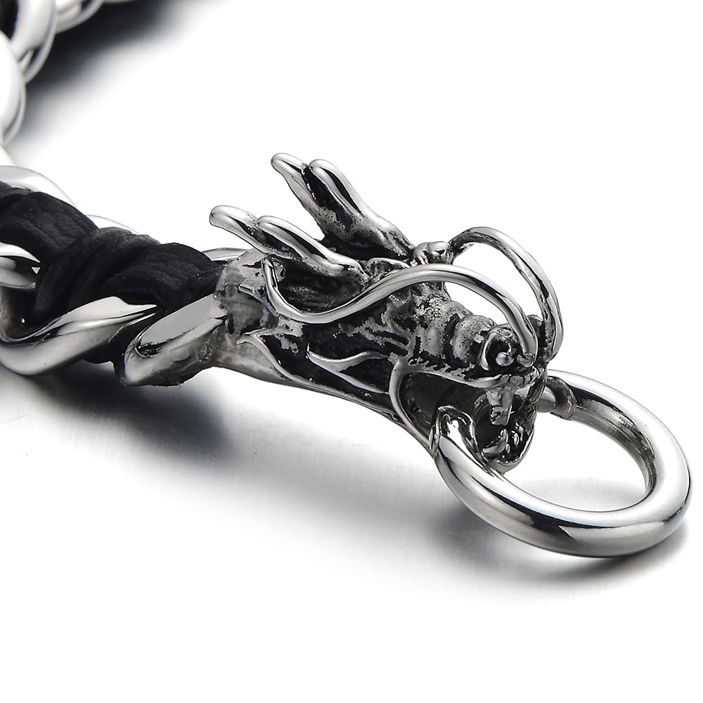 COOLSTEELANDBEYOND Diseño Trenzado, Brazalete del Dragón, Pulsera de Hombre, Cadena Barbada, Acero, Tiras Cuero Mixtos, Cuero Genuino Negro